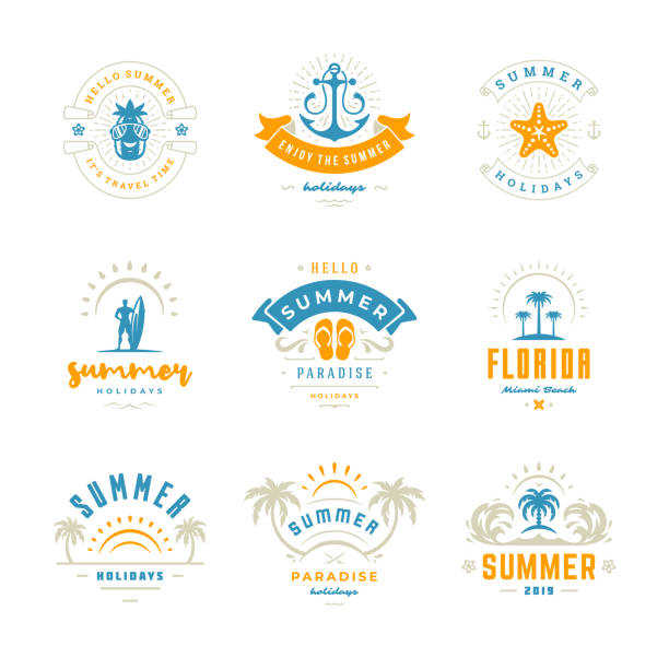 ilustrações de stock, clip art, desenhos animados e ícones de summer holidays labels and badges retro typography design set - beach nautical vessel party clothing