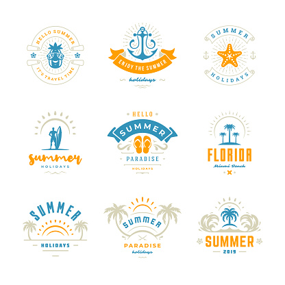 Summer holidays labels and badges retro typography design set. Templates for greeting cards, posters and apparel design. Vector illustration.
