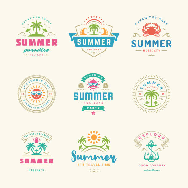 ilustrações de stock, clip art, desenhos animados e ícones de summer holidays labels and badges retro typography design set - beach nautical vessel party clothing