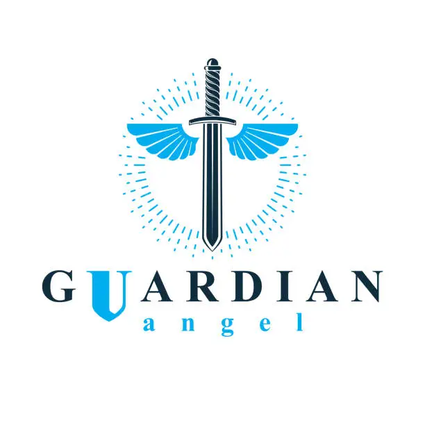 Vector illustration of Vector graphic illustration of sword composed with bird wings, war and freedom metaphor symbol. Guardian angel vector abstract emblem.