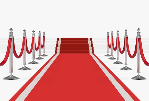 Red carpet with stairs, podium, red ropes, silver stanchions. Exclusive event, movie premiere, gala, ceremony, award concept. Vector illustration.