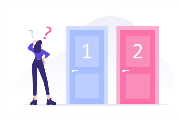 Confused woman standing near two doors. Difficult choice between two options. Decide dilemma. Solve problem. Alternatives or opportunities. Making decision concept. Choose pathway. Vector illustration vector art illustration