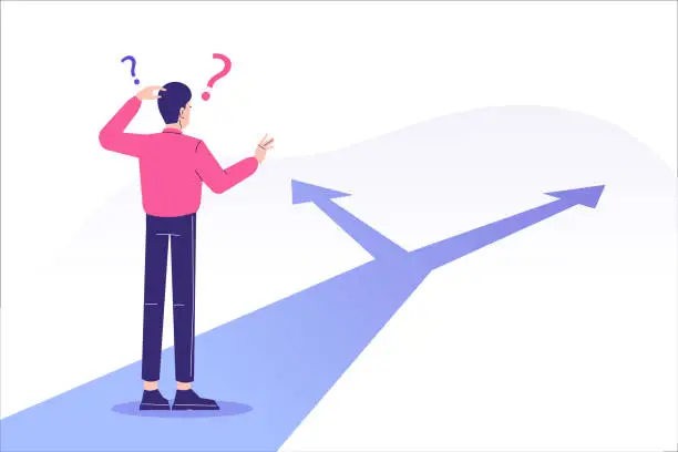 Vector illustration of Confused man standing at crossroads. Difficult choice between two options. Decide dilemma. Solve problem. Alternatives or opportunities. Making decision concept. Choose pathway. Vector illustration