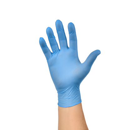 Right hand in blue medical glove isolated on white background.