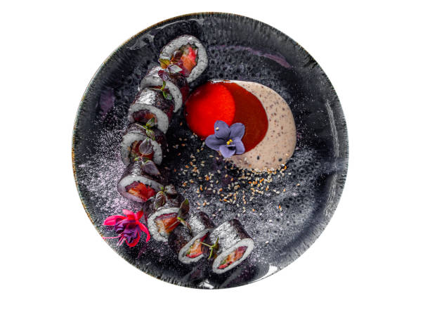 istock sushi roll with salmon and rice in plate isolated on white background. 1223980013