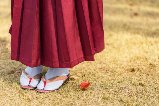 Woman in hakama kimono with geta shoes on the grass in autumn. Close up on the legs of a Japanese woman in purple hakama kimono with geta shoes on the grass in autumn. geta sandal photos stock pictures, royalty-free photos & images