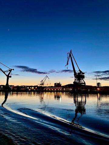 Sea view of cranes in Gothenburg harbor
