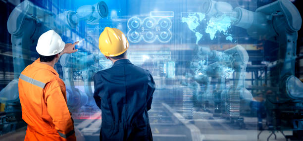 istock Smart factory machine IOT internet of thing digital technology engineer team working, futuristic smart industry manufacturing digital process AI management technology app system automate robot control 1223984363