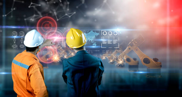 istock Smart factory machine IOT internet of thing digital technology engineer team working, futuristic smart industry manufacturing digital process AI management technology app system automate robot control 1223984371
