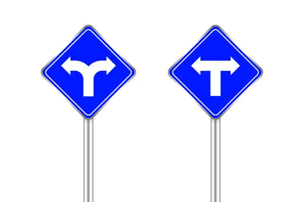 Vector illustration of road sign of arrow pointing bend to left and right, traffic road sign blue color isolated on white, traffic sign turn left and right, warning caution sign and steel pole for direction signpost the way