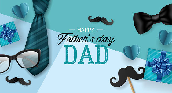 Fathers day banner design with gift box, mustache and tie. Vector illustration