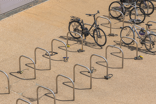 London, UK - 21 September, 2019 - Bicycle parking racks at Queen Elizabeth Olympic Park