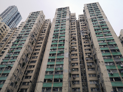 Large Kwan Yick phase 2 apartment building in Sai Ying Pun residential area, Western District, in the northwestern part of Hong Kong Island.