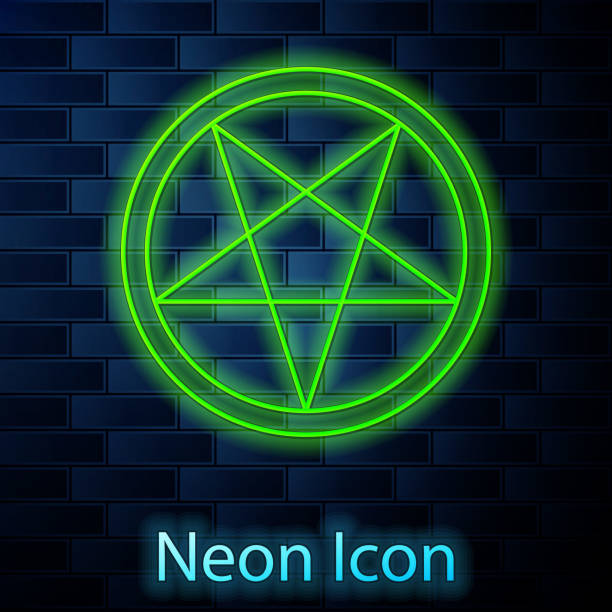 istock Glowing neon line Pentagram in a circle icon isolated on brick wall background. Magic occult star symbol. Vector Illustration 1223987390