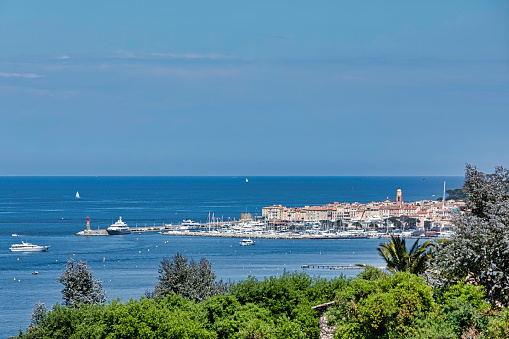 An aerial view of many boats in the harbor in Alicante city, Spain