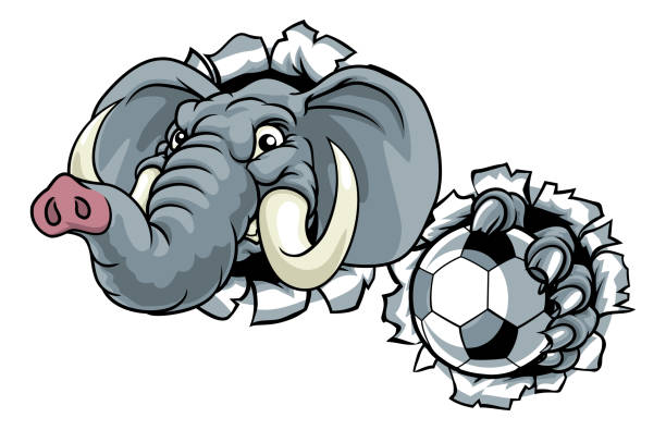 Elephant Soccer Football Ball Sports Mascot An elephant soccer football sports animal mascot holding a ball and breaking through the background republican elephant logo stock illustrations
