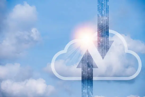 Photo of Virtual cloud computing and actual clouds with blue sky.Cloud computing is system for sharing download and upload big data information.