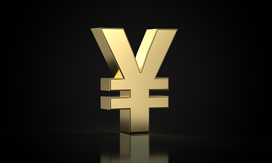 3D render of a golden Japanese Yen sign on a black background; clipping path included