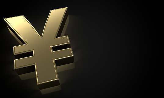 3D render of a golden Japanese Yen sign on a black background; clipping path included