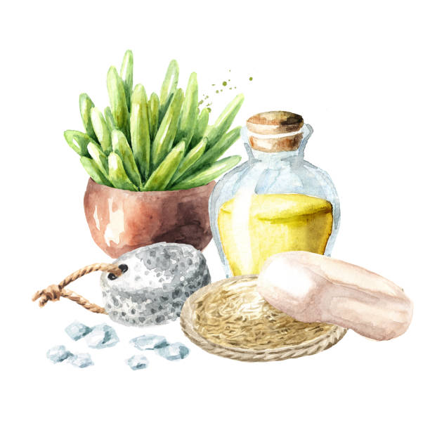 illustrazioni stock, clip art, cartoni animati e icone di tendenza di concetto spa. accessori da bagno. sale da bagno, pomiera, olio profumato, tovaglie naturali, una saponetta e un fiore in vaso. illustrazione ad acquerello disegnata a mano isolata su sfondo bianco - white background clean flower bar of soap