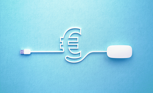 White mouse cable forming Euro symbol on blue background. Horizontal composition with copy space. Online money transfer concept.