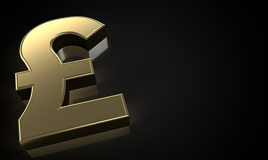 3D render of a golden Pound sign on a black background; clipping path included