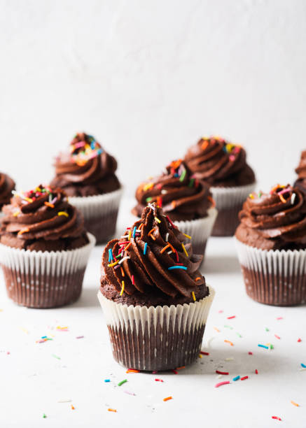 istock Chocolate cacao cupcakes with sprinkles, mothers or fathers day concept 1223994469