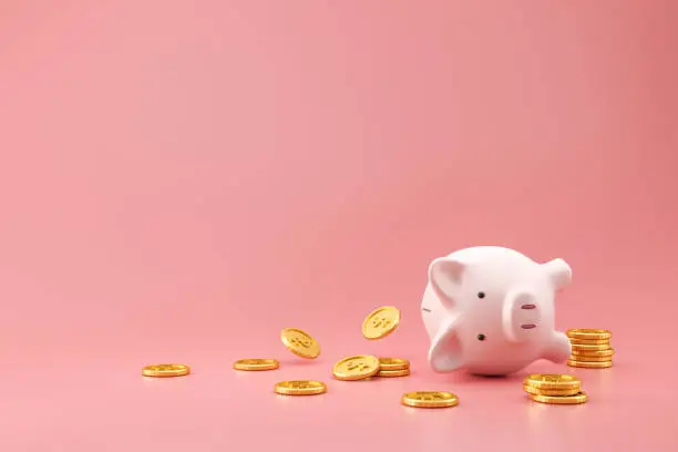Photo of Piggy bank and golden coins on pink background with lost money concept. Financial planning for the future. 3D rendering.