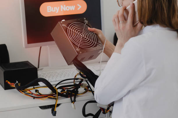istock Power supply Electronics technology concept. Young woman online shopping Power supply white background room 1223997332