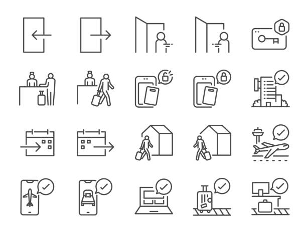 Check-In and Check-Out line icon set. Included icons as arrival, booking, departure, trip, hotel, flight and more. Check-In and Check-Out line icon set. Included icons as arrival, booking, departure, trip, hotel, flight and more. building entrance illustrations stock illustrations