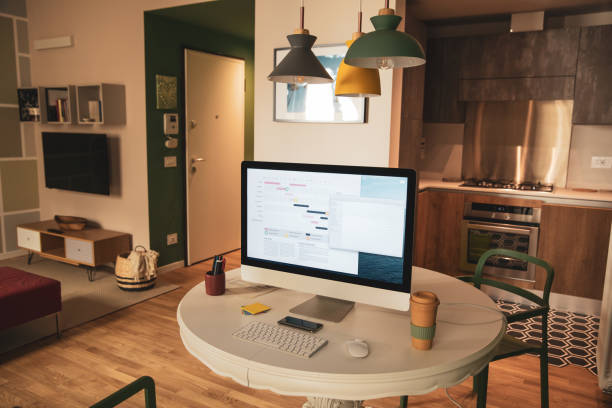 istock Home office space, laptop computer and fitness ball 1223998507