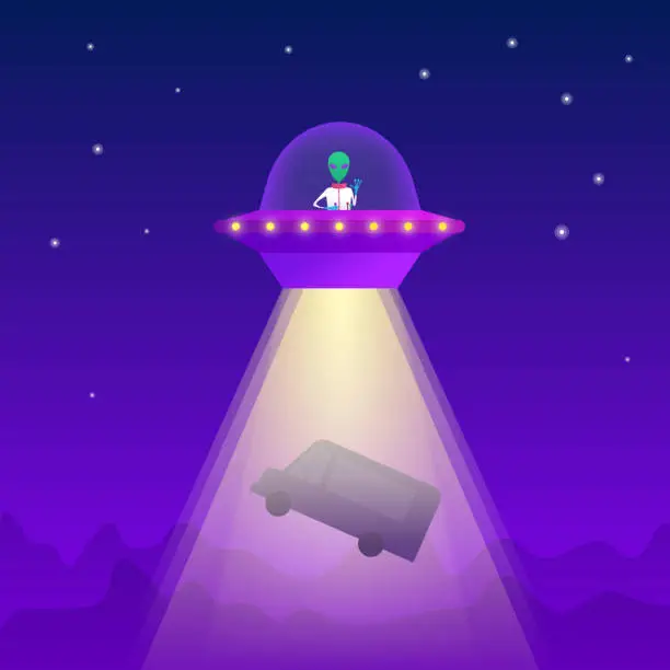 Vector illustration of UFO abduction concept with alien in spaceship