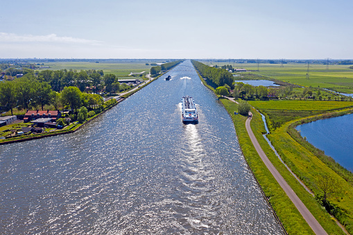 Aerial from freighters on the Amsterdam Rijnkanaal near Amsterdam in the Netherlands