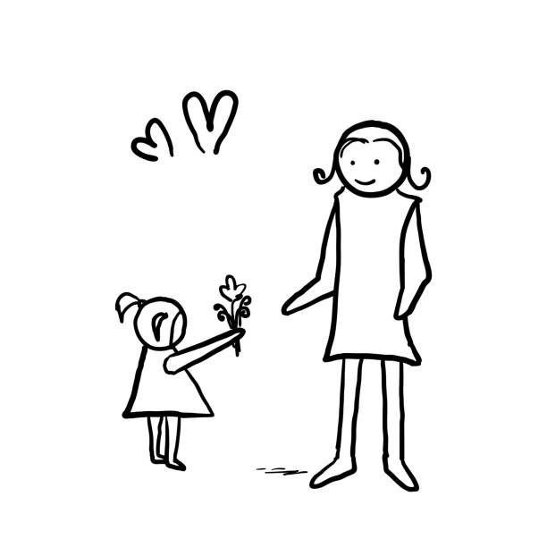 ilustrações, clipart, desenhos animados e ícones de mão desenhada a menina dá flores para seu símbolo mãe para o dia da mãe feliz. doodle - i love you cartoon love little girls