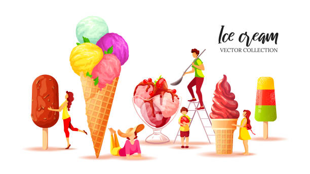 istock Set of various ice cream with tiny people on the white background. Ice cream parlor or shop, Sweet products, Dessert concept. 1224001646