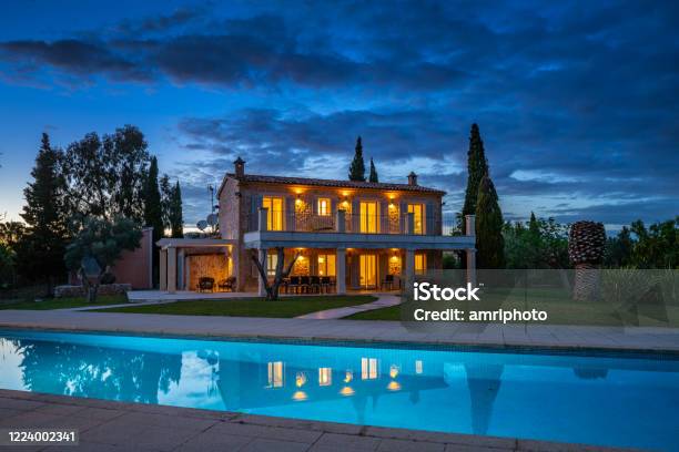 Beautiful Spanish Finca Illuminated In The Evening Stock Photo - Download Image Now - Real Estate, Luxury, Spain