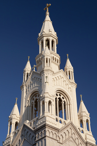 Spire of Saints Peter and Paul Church in San Francisco, California, USA.