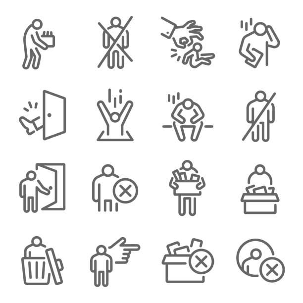 Dismissal icon set vector illustration. Contains such icon as Lay-off, Termination, Unemployment, Jobless, Expulsion, Removal and more. Expanded Stroke Dismissal icon set vector illustration. Contains such icon as Lay-off, Termination, Unemployment, Jobless, Expulsion, Removal and more. Expanded Stroke being fired stock illustrations