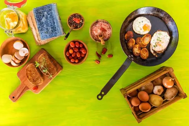 Fried eggs in a frying pan with cherry tomatoes and bread for breakfast . Fried potatoes and tomatoes. Diet food. Rural breakfast with fresh eggs.