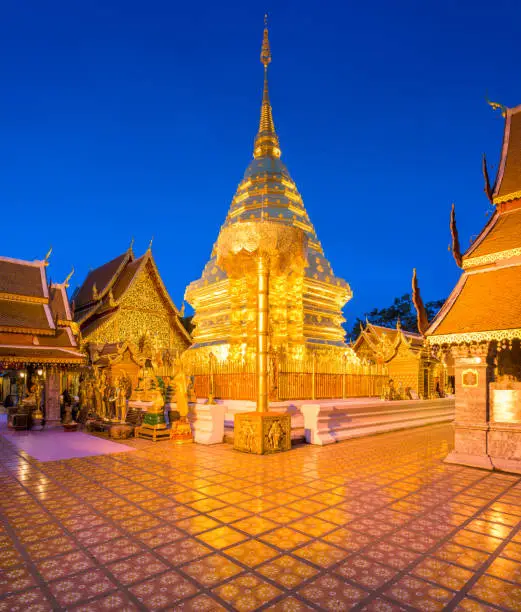 Wat Phra That Doi Suthep Temple of Chiang Mai, Thailand at dusk.