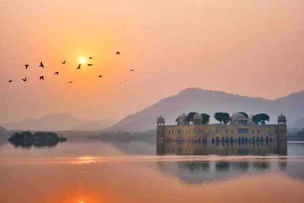 Photo of Tranquil morning at Jal Mahal Water Palace at sunrise in Jaipur. Rajasthan, India