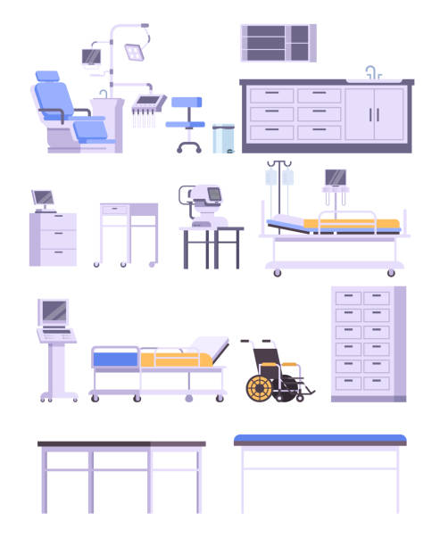 Hospital medicine doctor office furniture isolated set. Vector flat graphic design cartoon illustration Hospital medicine doctor office furniture isolated set. Vector flat graphic design cartoon eye doctor and patient stock illustrations