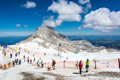 Ramsau am Dachstein, Austria - July 10, 2016. Dachstein Glacier in Austria, with people and Hoher Gjaidstein mountain (2,794m) in the background, in summer.