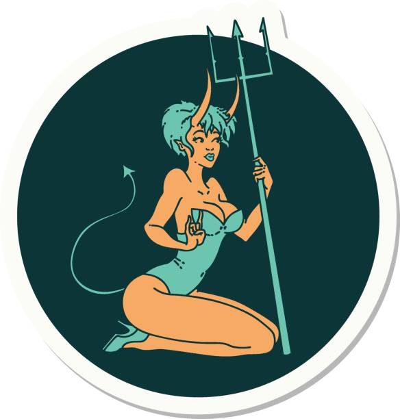 tattoo style sticker of a pinup devil girl sticker of tattoo in traditional style of a pinup devil girl vintage pin up girl tattoo stock illustrations
