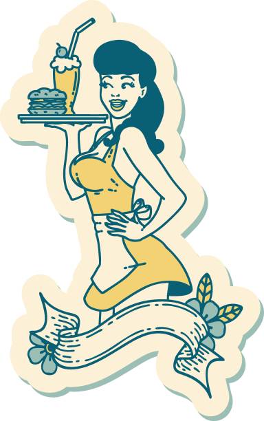tattoo style sticker of a pinup waitress girl with banner sticker of tattoo in traditional style of a pinup waitress girl with banner vintage pin up girl tattoo stock illustrations