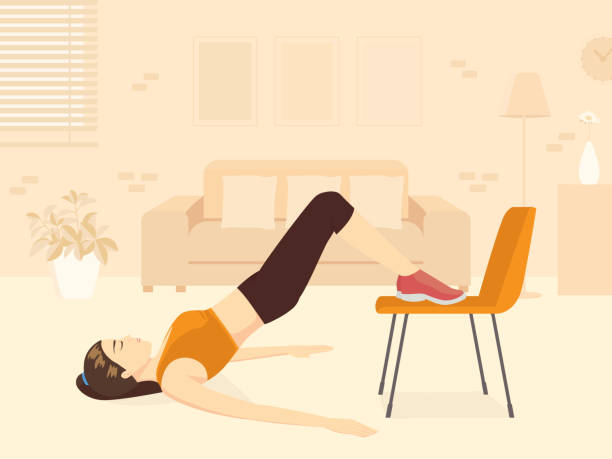 Woman doing workout with Hip Raise with two Legs on chair at her home. The New normal about fitness while Stay at Home. Woman doing workout with Hip Raise with two Legs on chair at her home. The New normal about fitness while Stay at Home. woman lying on the floor isolated stock illustrations