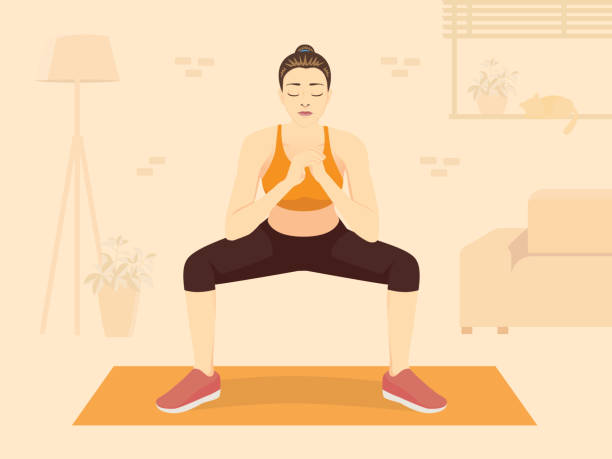 Women doing squat exercise on orange mat at the living room her home. The New normal, Fitness while Stay at Home. Women doing squat exercise on orange mat at the living room her home. Illustration about New normal, Fitness while Stay at Home. Sunblind stock illustrations