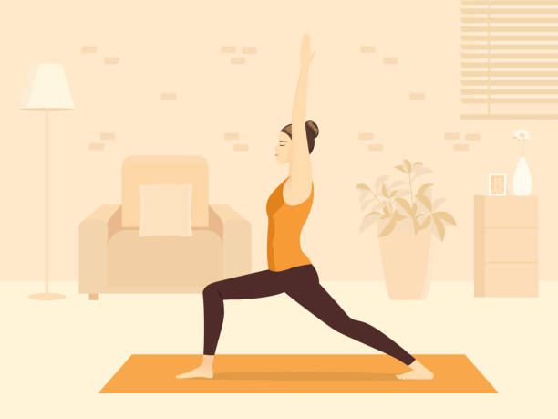 Sport Women doing yoga pose in Warrior Pose in the living room. The New normal about fitness at home for health and Practice meditation. Sport Women doing yoga pose in Warrior Pose in the living room. Virabhadra Pose, Illustration of the New normal about fitness at home for health and Practice meditation. warrior position stock illustrations
