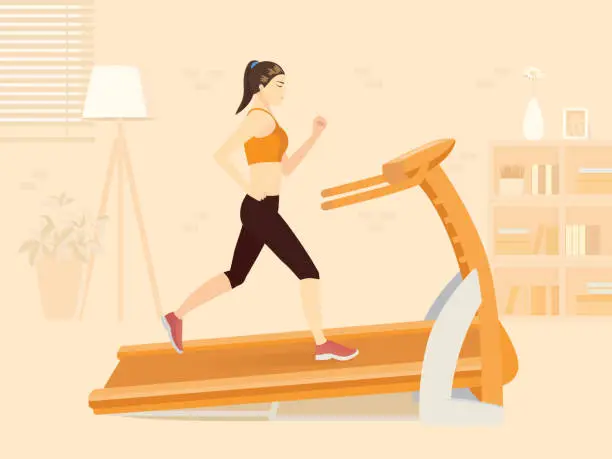 Vector illustration of Sport women doing exercise with running on treadmill workout. in the living room. The New normal about fitness at home.