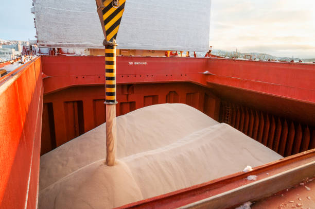 máquina de carregamento de navio carrega fertilizantes minerais naturais no porão de um graneleiro - luggage hold - fotografias e filmes do acervo